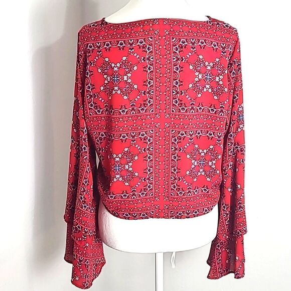 Altar'd State Red Printed Crop-top with Wide Layered Bell Sleeves, Size Medium - Picture 8 of 9